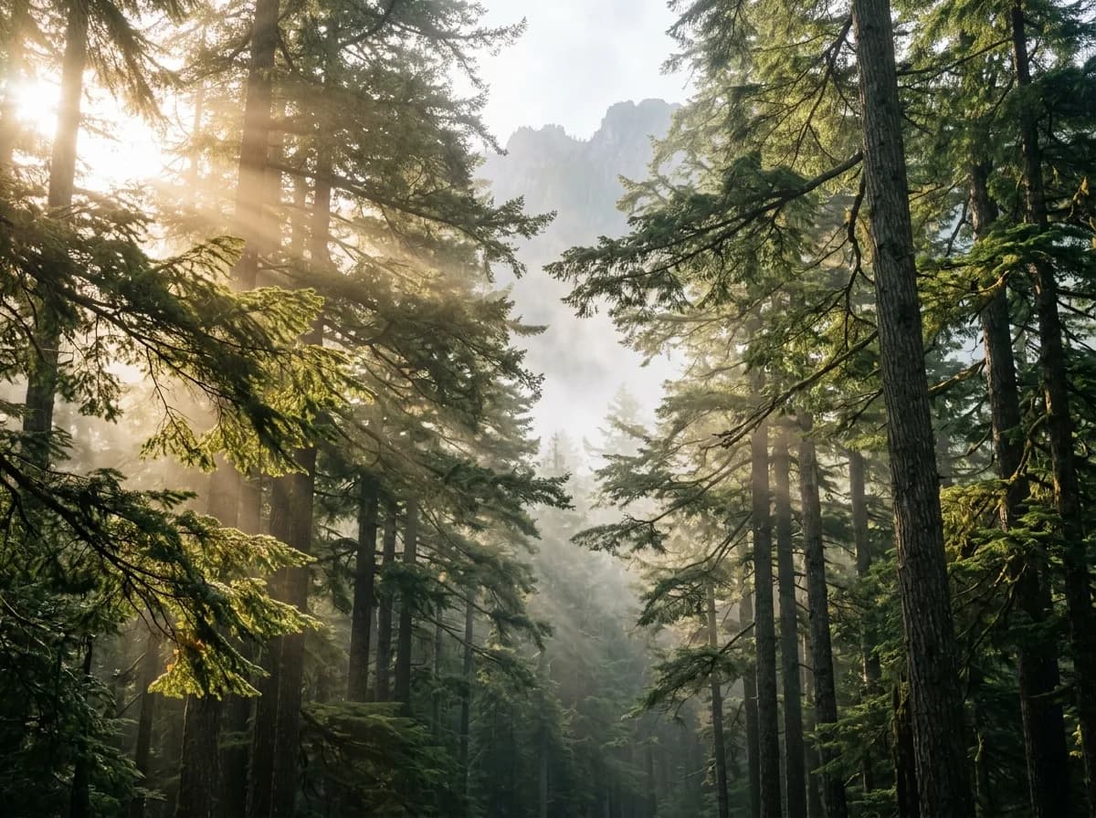 Ancient emerald forest canopy with morning light