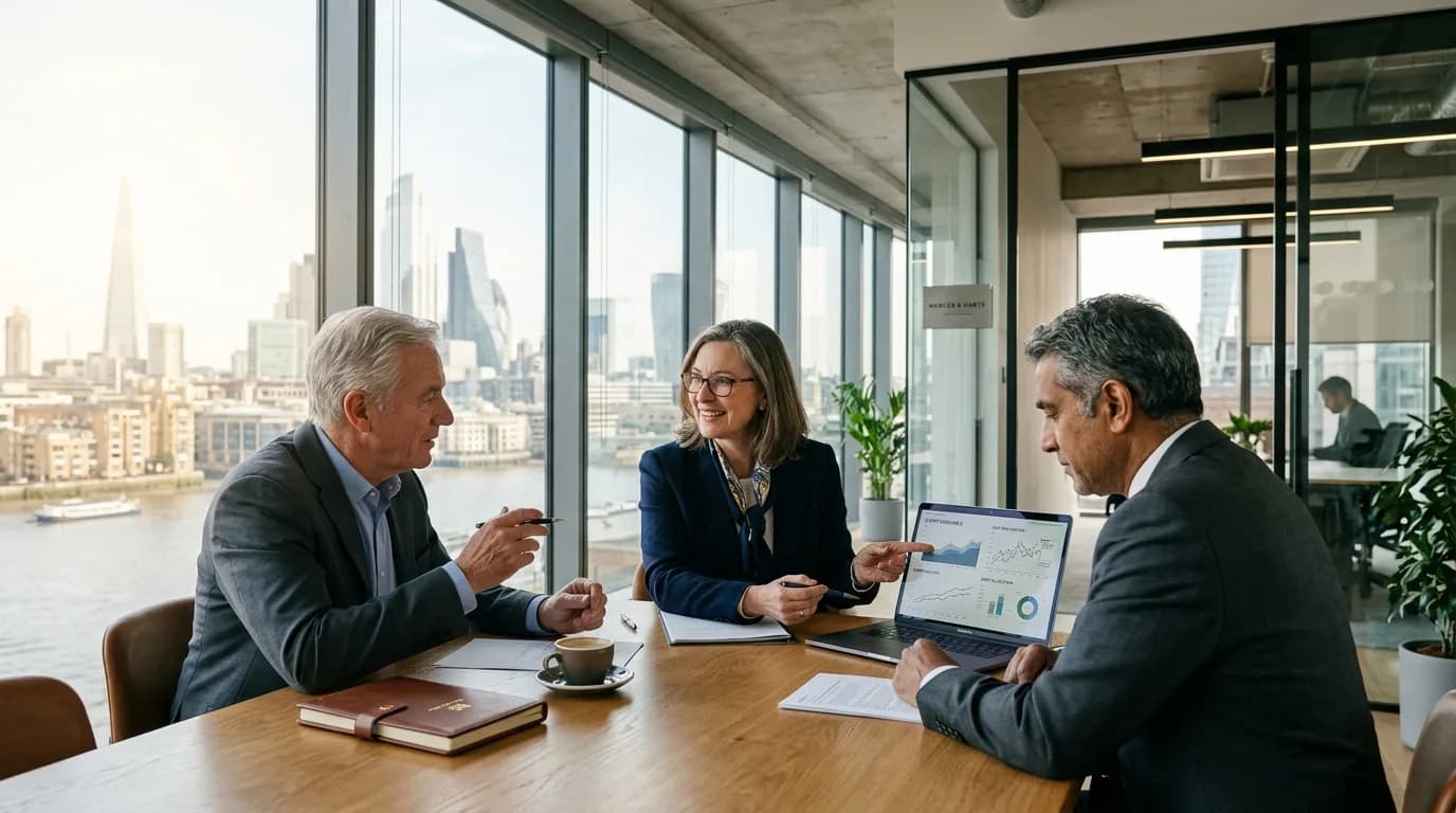 Investment banking advisory team collaborating at oak table overlooking London skyline