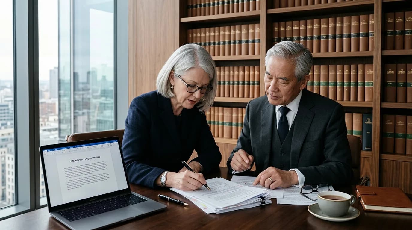 Senior law partners reviewing litigation briefs and contracts in walnut library