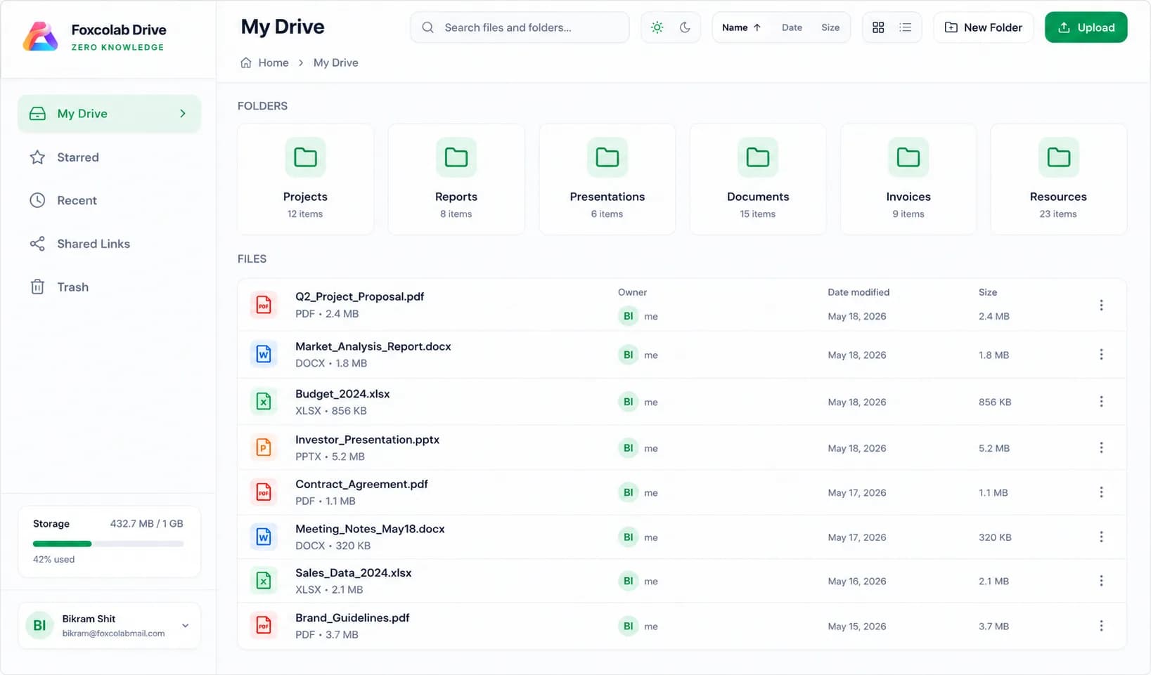 Foxcolab Drive secure vault showing encrypted file storage and previews