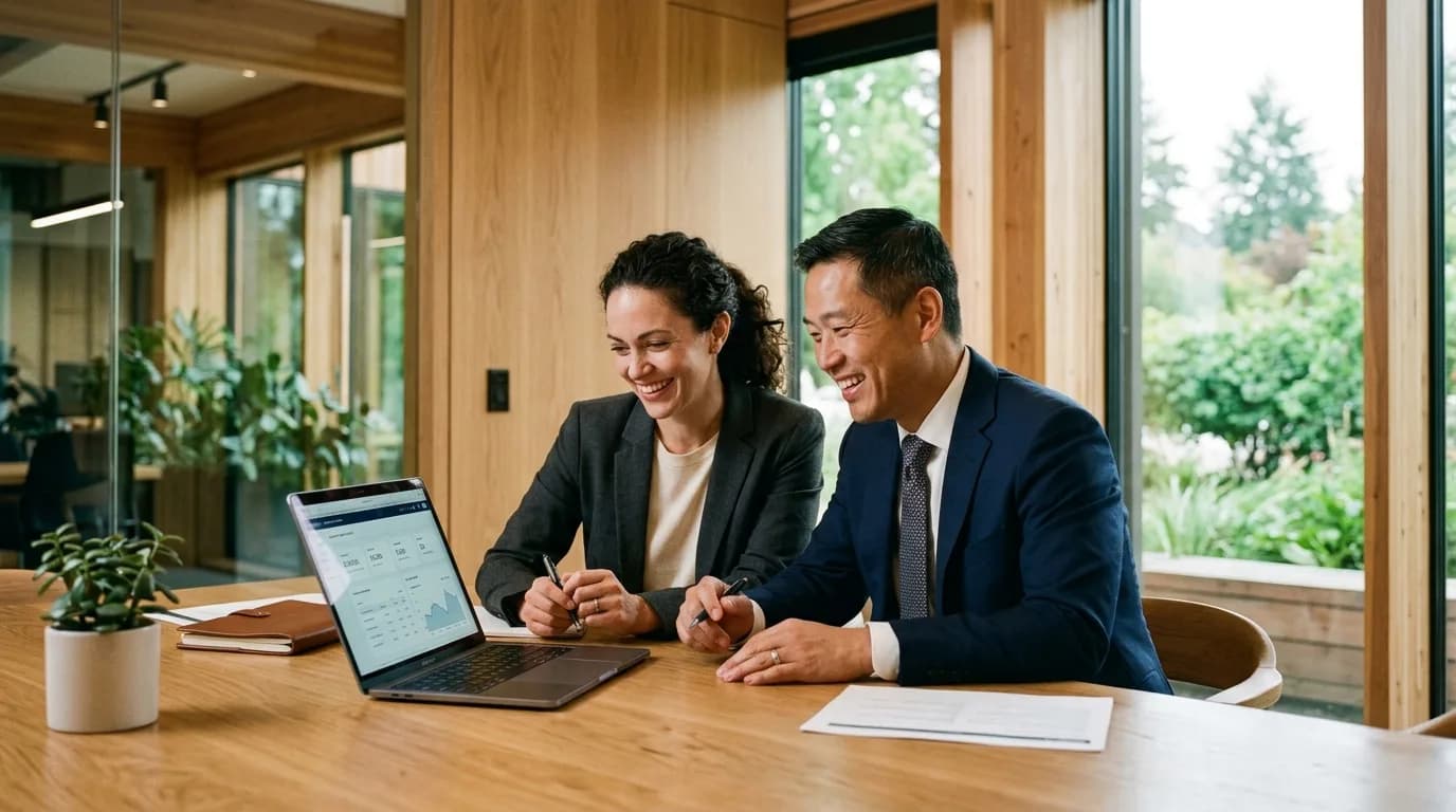Executive leadership team collaborating comfortably at a sunlit wooden conference table