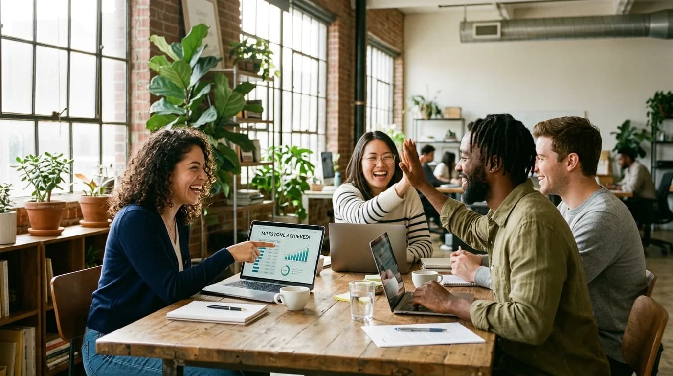 Startup founding team celebrating milestone launch in sunlit brick loft office