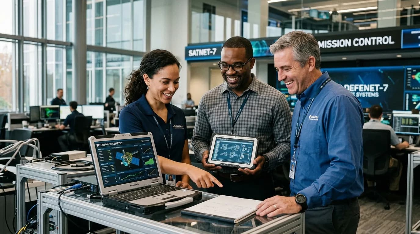 Mission operations team smiling in high-tech operations room with ruggedized laptops and telemetry