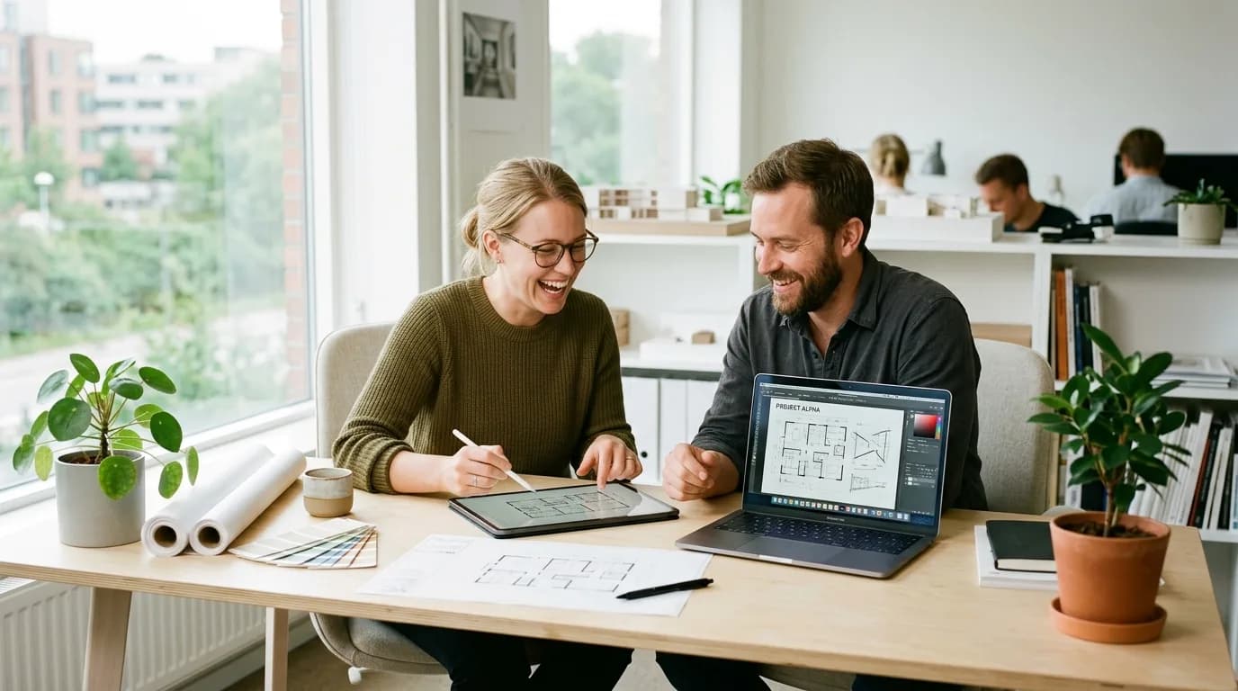 Designers reviewing creative floor plans calmly on tablet and laptop