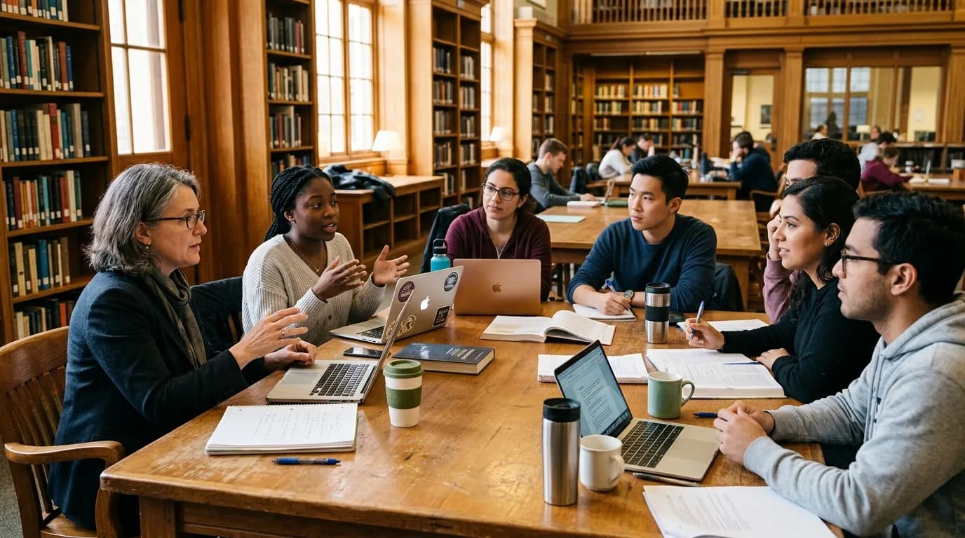 Public health researchers and field coordinators collaborating in an academic library