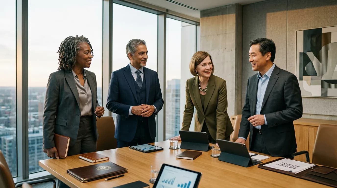 Executive compliance committee reviewing regulatory documents in bright boardroom