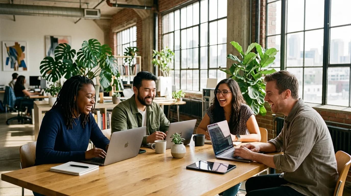 Diverse remote team collaborating comfortably around a wooden table with laptops and plants